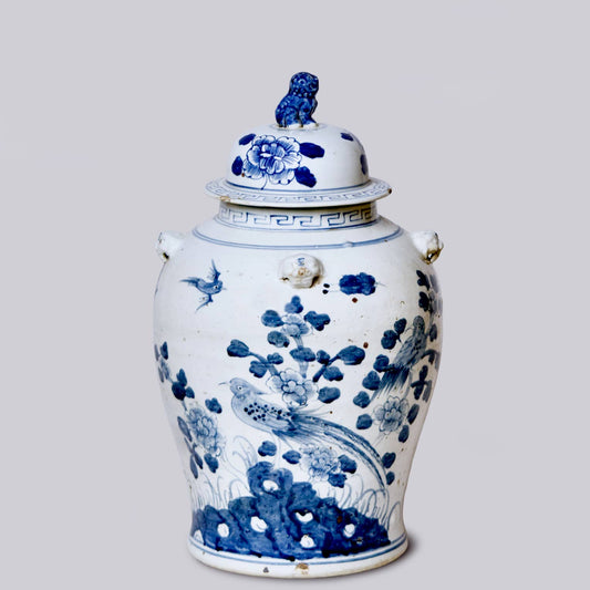 Bird and Flower Blue and White Porcelain Temple Jar