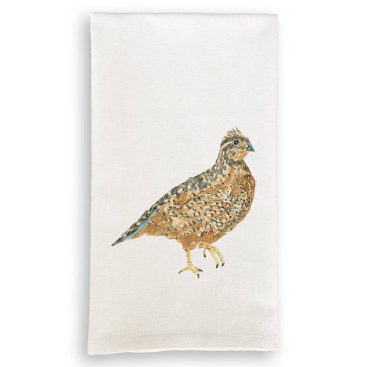 White cotton dishtowel with hand painted brown quail design