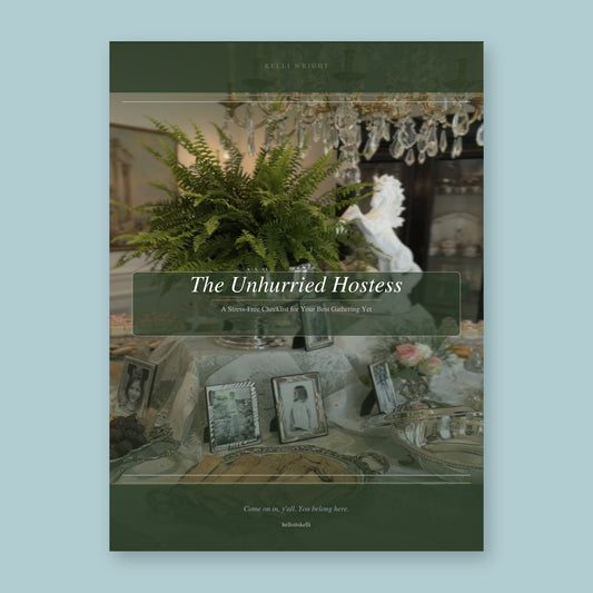Cover of The Unhurried Hostess, a free 8-week party planning checklist with menu worksheets