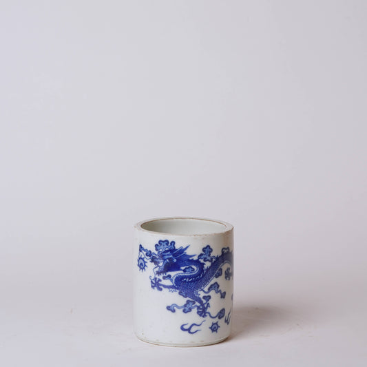 Tiny Blue and White Porcelain Dragon and Pearl Cachepot