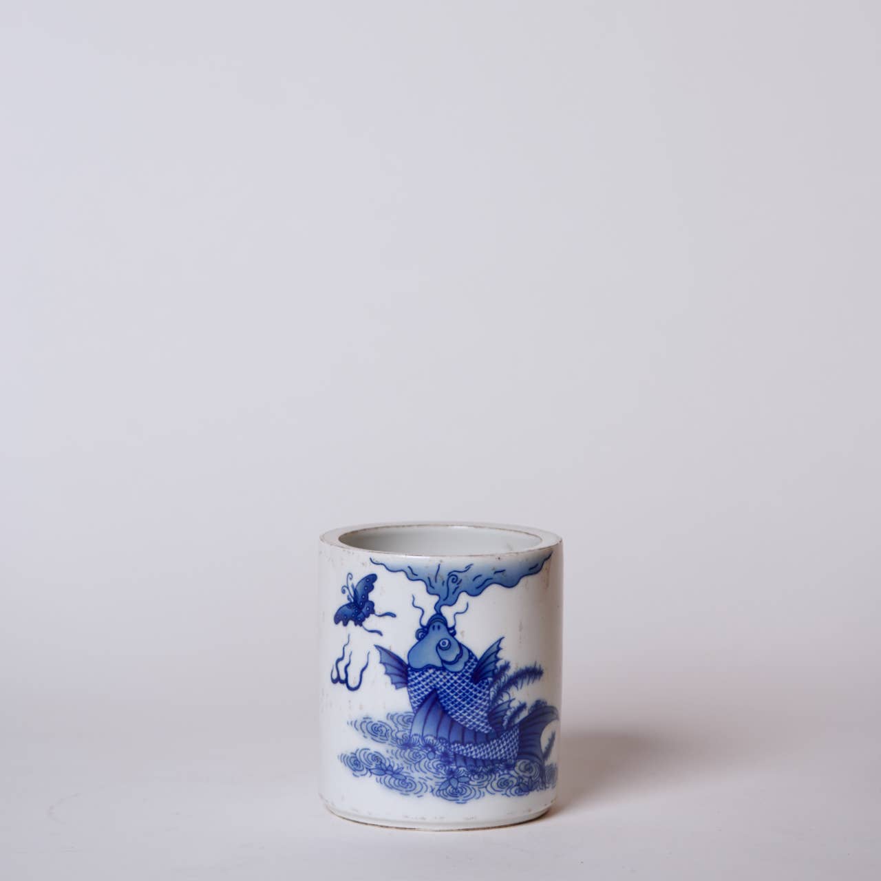 Tiny Blue and White Porcelain Leaping Carp Cachepot