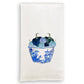 White cotton dishtowel with hand painted blue and white chinoiserie pot filled with blue pumpkins
