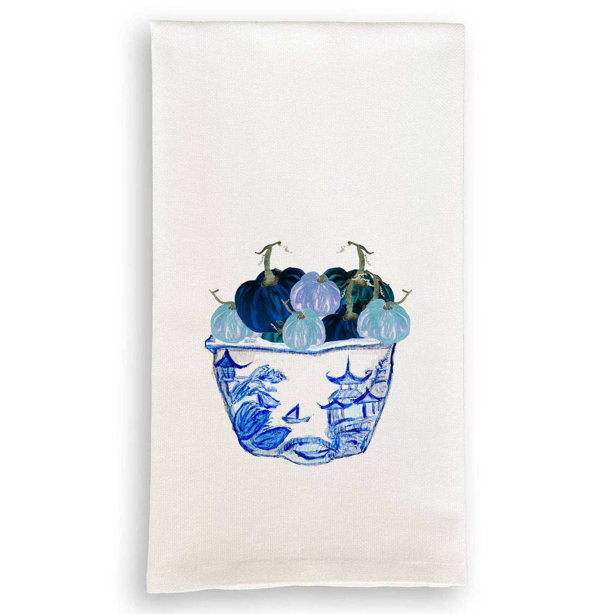 White cotton dishtowel with hand painted blue and white chinoiserie pot filled with blue pumpkins