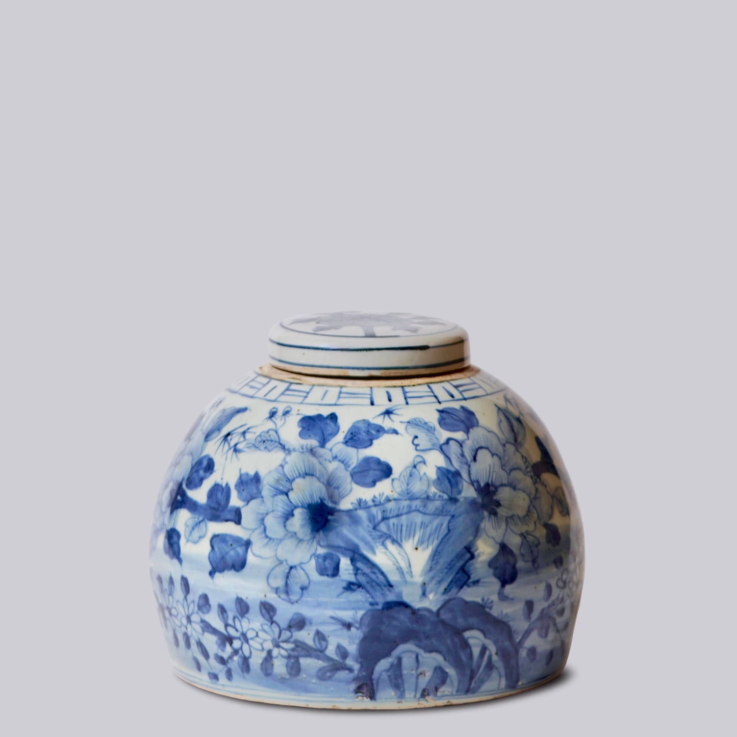 Lidded Blue and White Porcelain Wild Floral Storage Jar